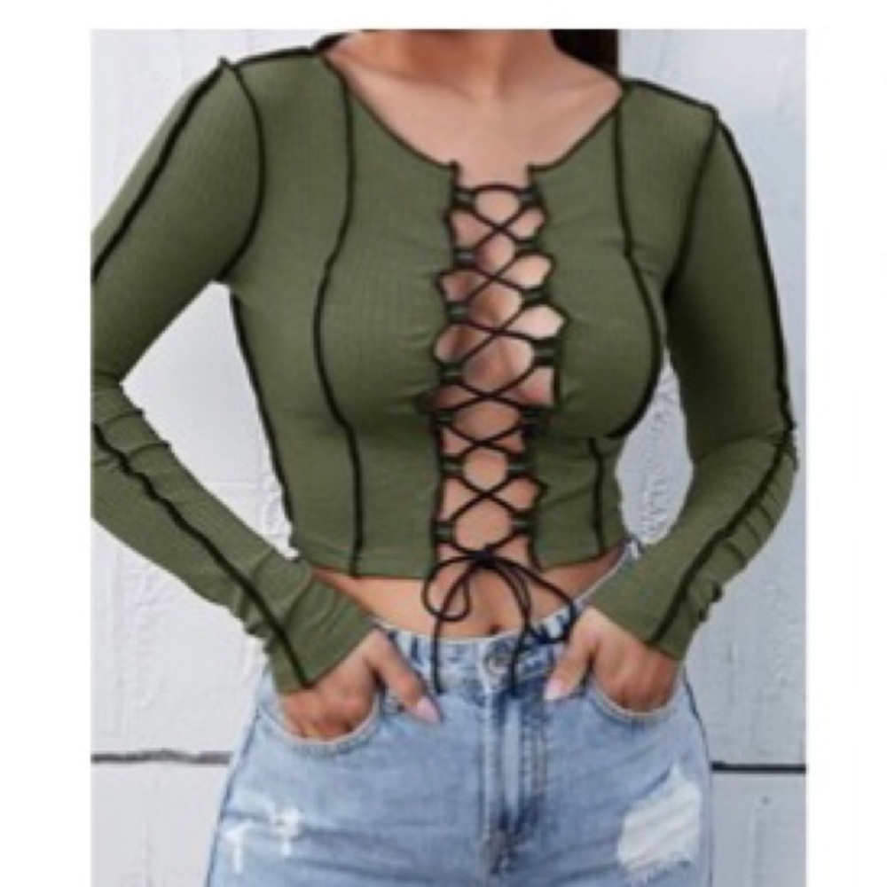 Green long sleeve crop top with lace up detail